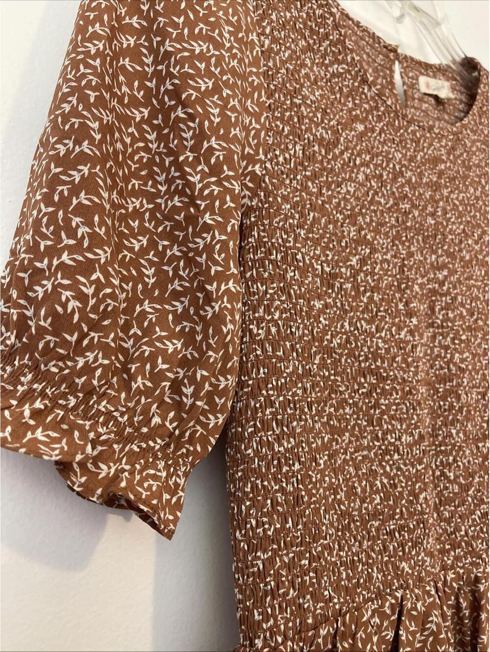 Magnolia Womens Medium Brown Floral Pleated Elastic-Waist Ruffled Blouse! A6846 - Picture 6 of 9